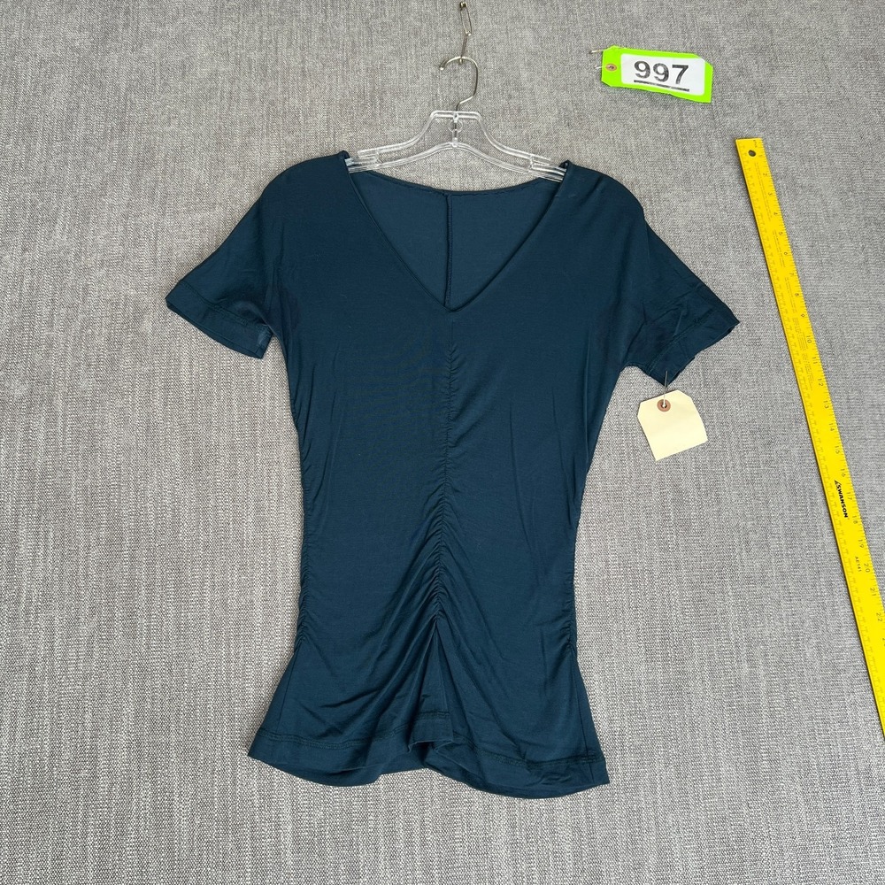 Womens Blouse Top Small Teal Green Short Sleeve Ruched Front Slim Fit V-Neck Y2K